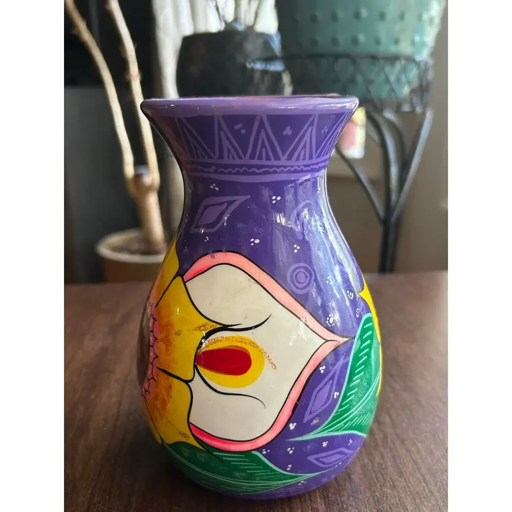 Mexican folk art pottery vase floral terra-cotta 7”